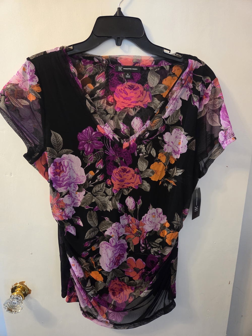 Inc. International Floral Ruched V-Neck Short Sleeve Top